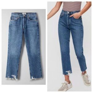 NEW AGOLDE Riley Veto Jeans Straight Leg Crop Raw Hem Distressed Blue 24